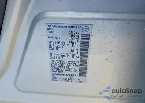 2017 Nissan Pathfinder S z USA, uszkodzony, nr VIN 5N1DR2MN7HC693521